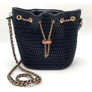 ALDO Black Woven Vegan Leather Bucket Bag Gold Chain Crossbody Shoulder Purse